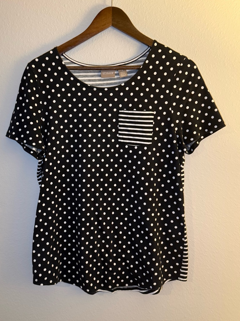 Chico's Black and White Polka Dot Short Sleeve Tee with Striped Pocket
